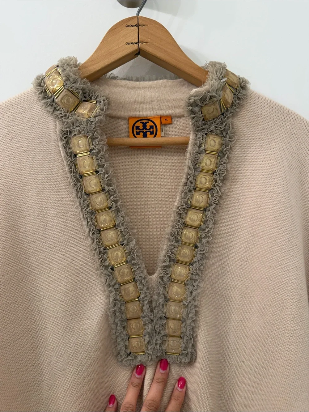 Tory Burch Beige Embellished Oversized Tunic Cashmere and Wool Sweater